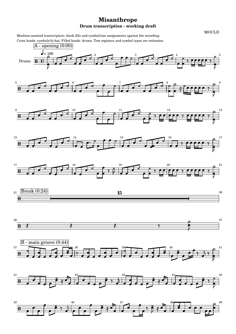 Drum score page 1: opening pickup, opening groove and main groove