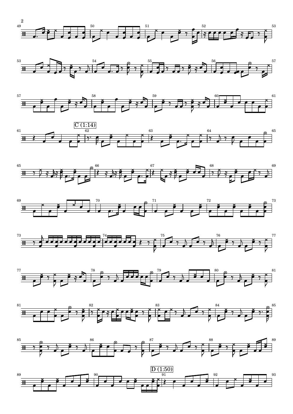 Drum score page 2: groove variations and build