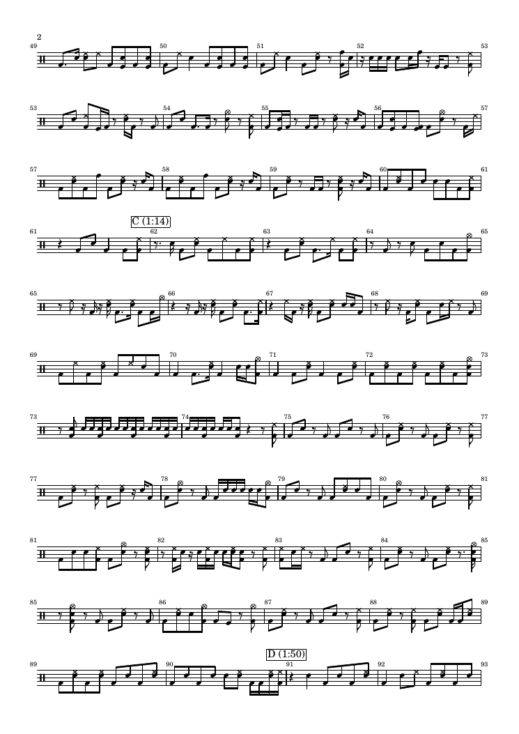 Drum score page 2: groove variations and build
